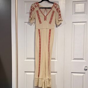 AE Embroidered Cream and Red Jumpsuit Women’s Size Small